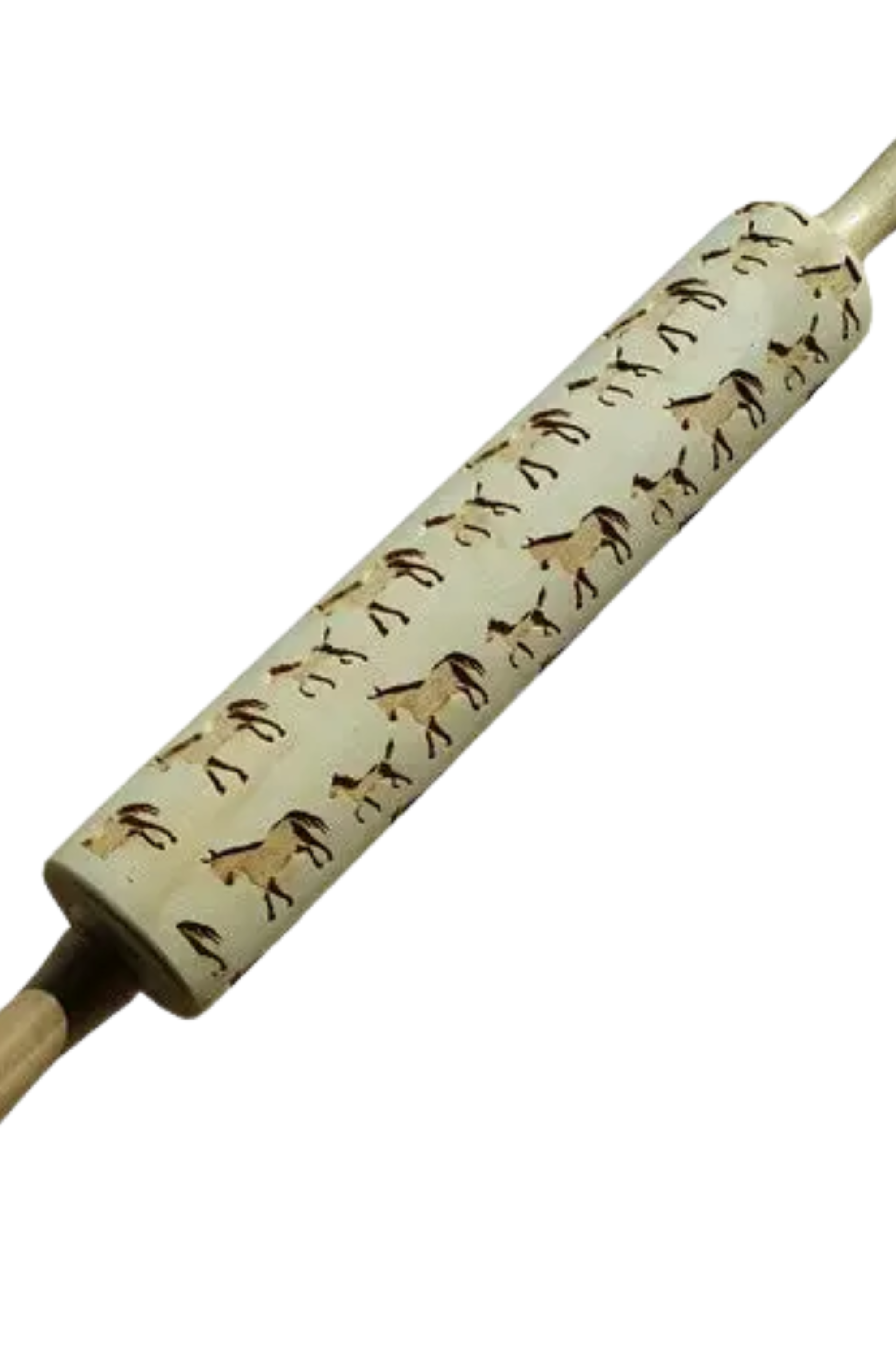 A Horses Embossed Rolling Pin featuring a detailed horse pattern carved into the wood, resting on a kitchen surface beside embossed cookies and baking tools. The intricate design showcases elegant horse motifs that create artistic imprints on dough, fondant, or clay—highlighting the pin’s versatility for baking and crafting.