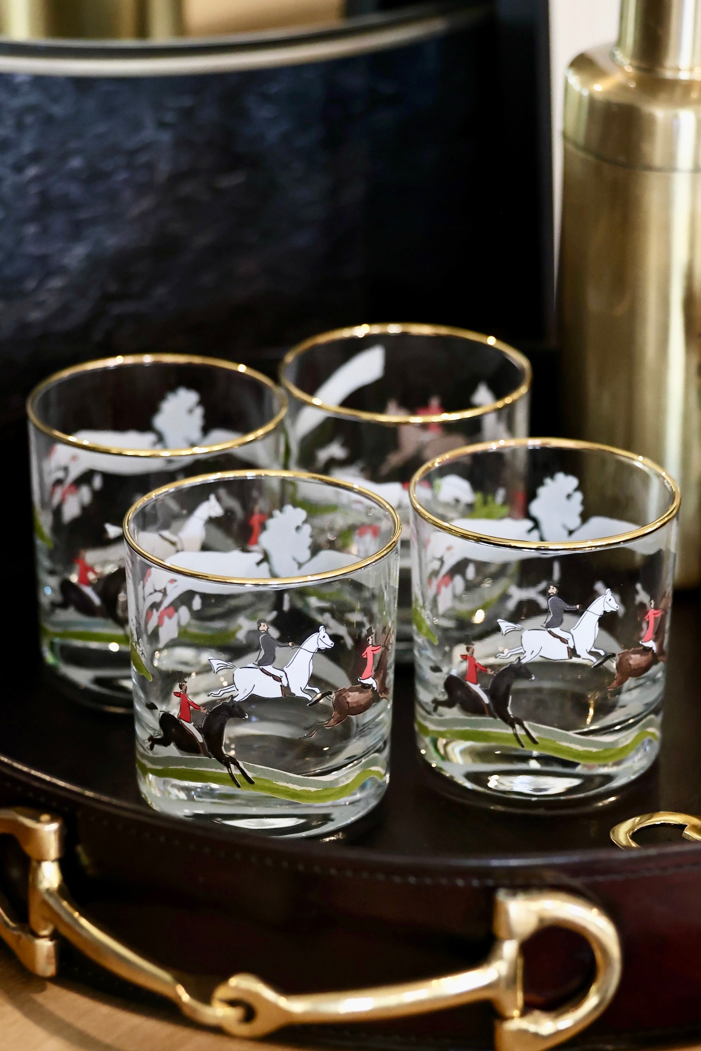 pomegranate inc stylish equestrian the hunt scene bourbon glass set