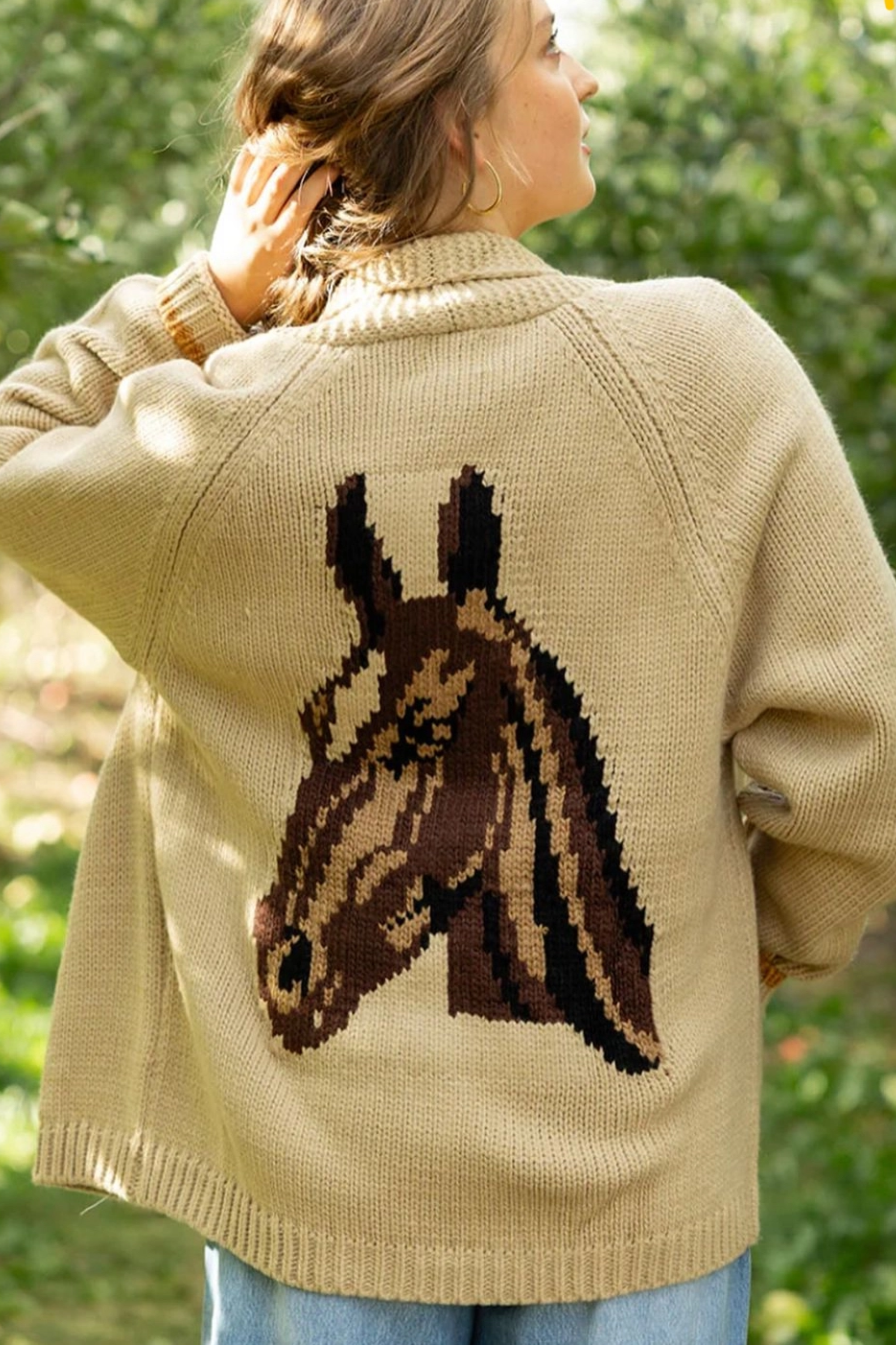 Varsity cardigan, Horse graphic sweater, Equestrian knitwear, Western statement cardigan, Camel horse cardigan