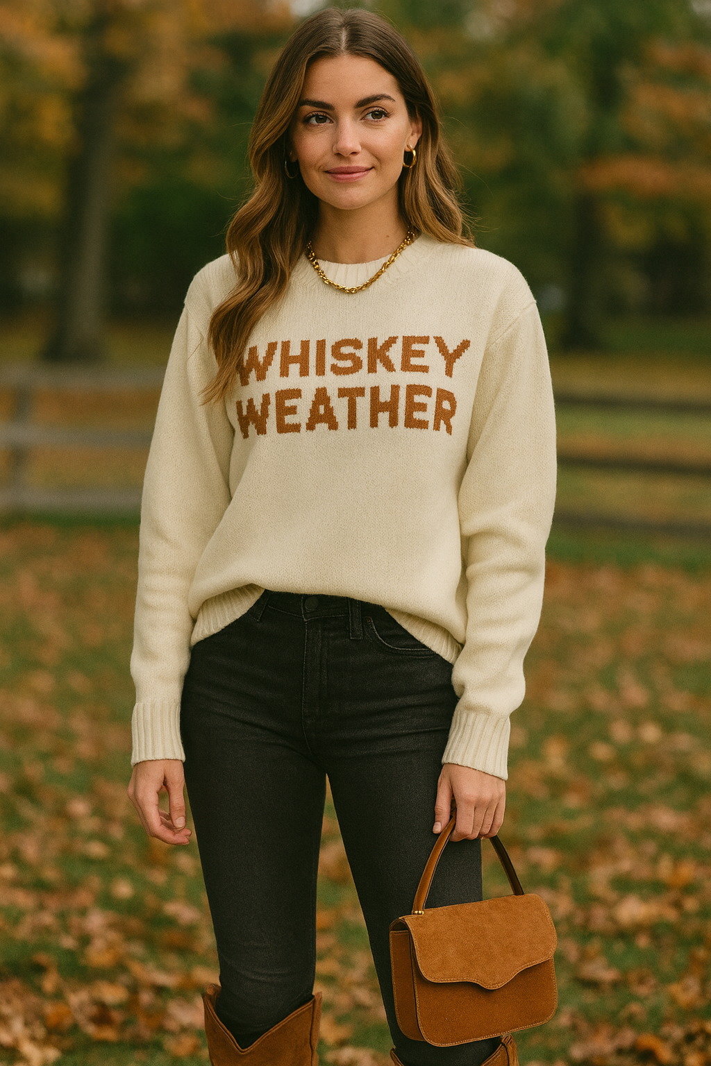 Woman wearing a beige sweater with 'WHISKEY WEATHER' text against a gray background - Whiskey weather sweater, Western graphic sweater, Fall country sweater, Ivory knit pullover, Cowgirl whiskey sweater