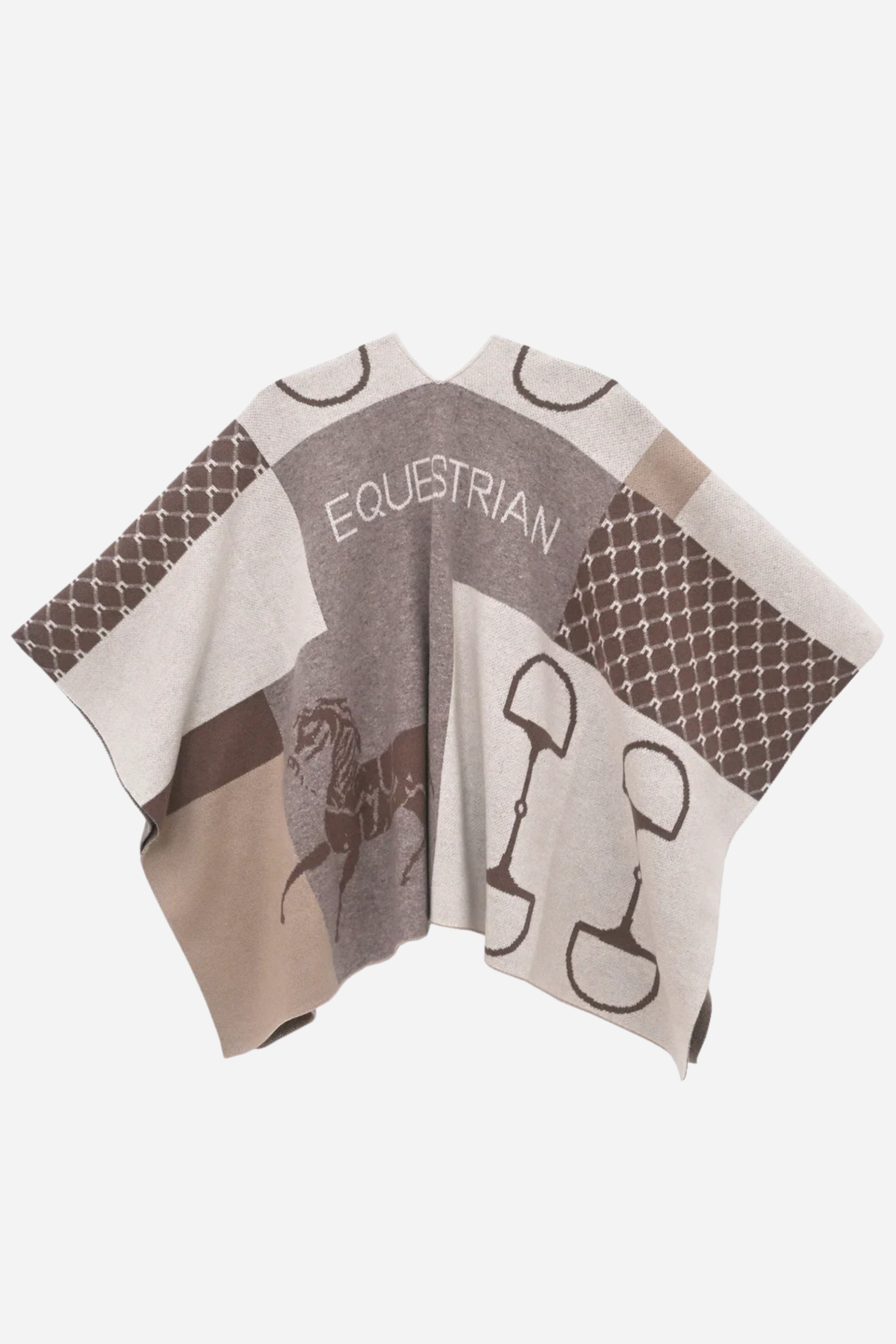 Stylish jacquard-knit cashmere poncho with an equestrian-inspired design featuring a horse, riding gear, and geometric patterns in warm off-white, beige, and taupe tones. The piece evokes a rustic yet refined aesthetic, perfect for elevating everyday or evening looks.