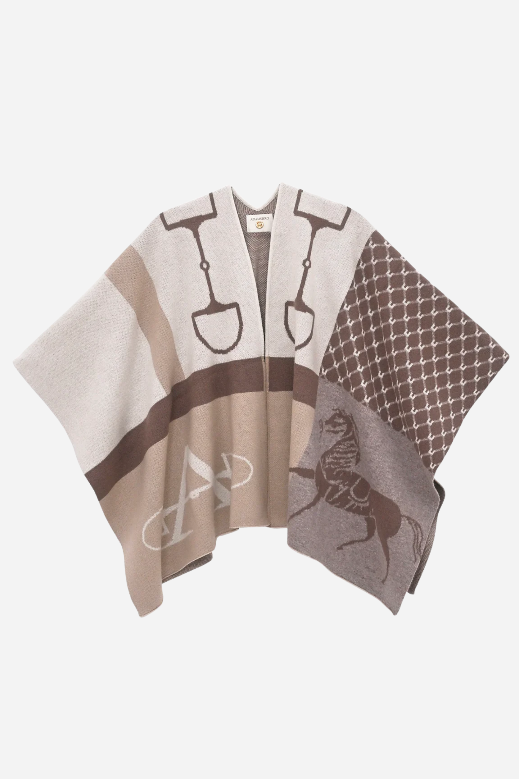 Stylish jacquard-knit cashmere poncho with an equestrian-inspired design featuring a horse, riding gear, and geometric patterns in warm off-white, beige, and taupe tones. The piece evokes a rustic yet refined aesthetic, perfect for elevating everyday or evening looks.