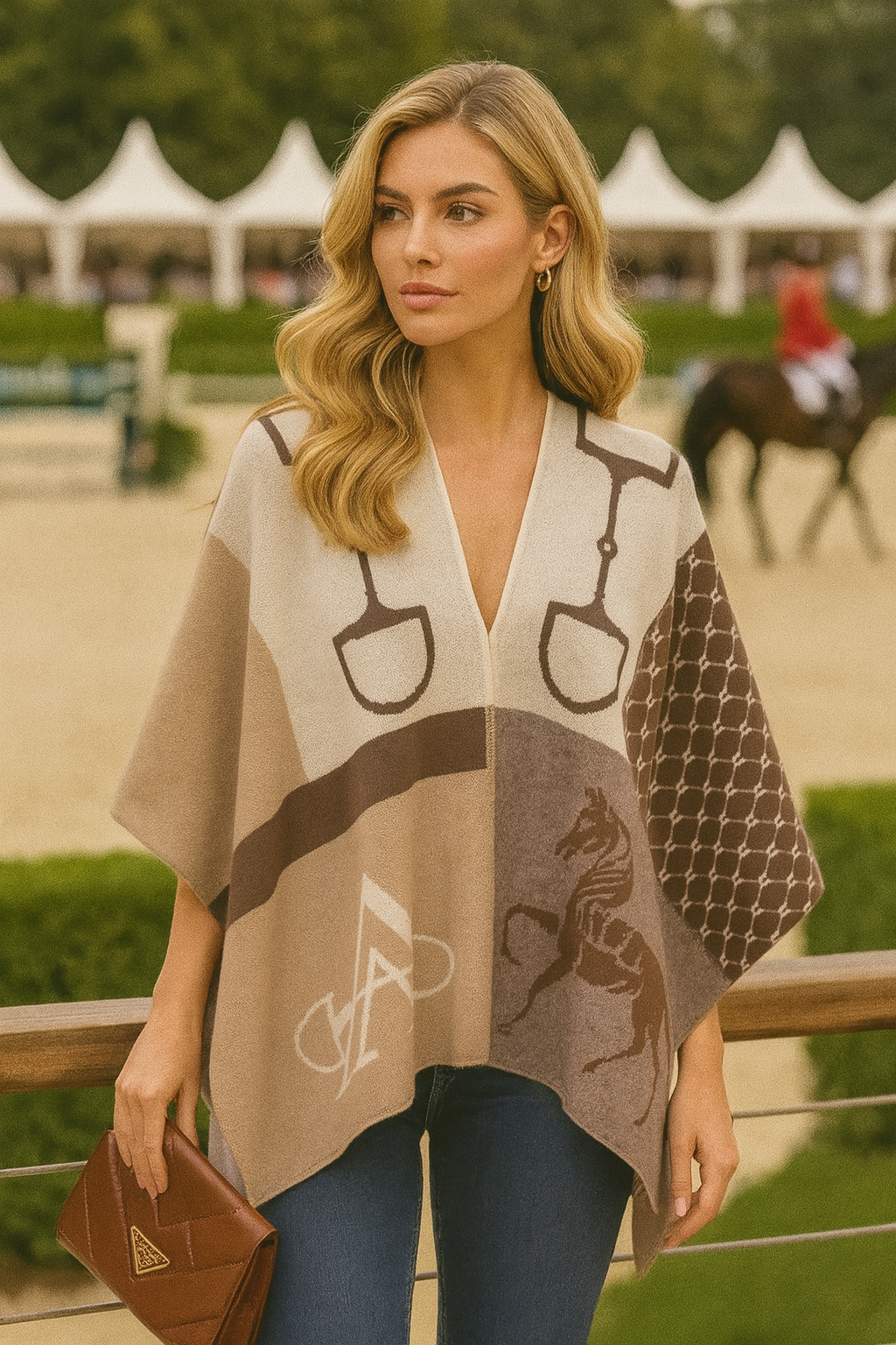 Stylish jacquard-knit cashmere poncho with an equestrian-inspired design featuring a horse, riding gear, and geometric patterns in warm off-white, beige, and taupe tones. The piece evokes a rustic yet refined aesthetic, perfect for elevating everyday or evening looks.