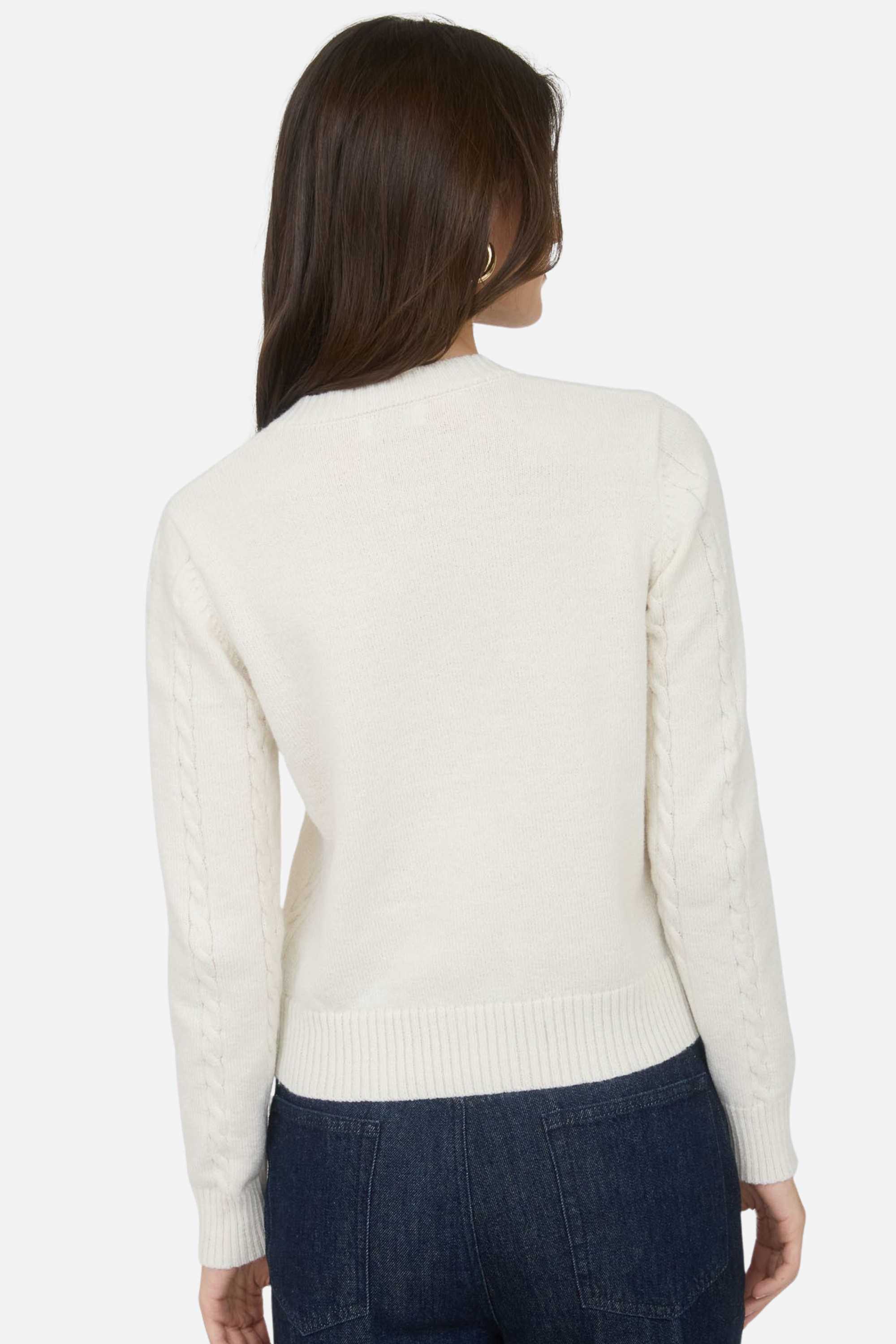 Cream cable-knit cardigan with round neckline, button-down front, ribbed collar, cuffs, and hemline, featuring delicate horse embroidery on the chest, a cozy, equestrian-inspired wardrobe staple.