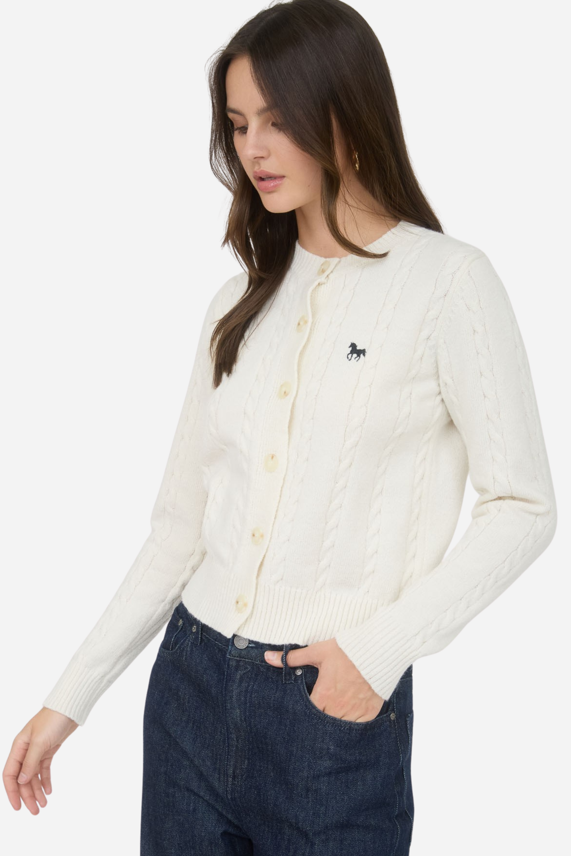 Cream cable-knit cardigan with round neckline, button-down front, ribbed collar, cuffs, and hemline, featuring delicate horse embroidery on the chest, a cozy, equestrian-inspired wardrobe staple.