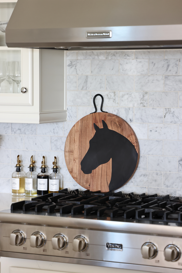 twos company stylish equestrian chevaux wooden horse serving board