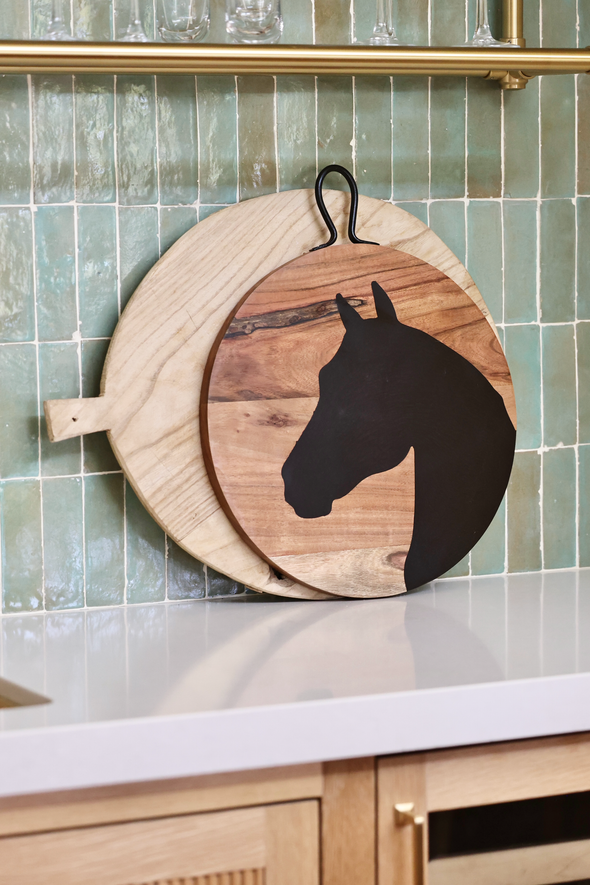 twos company stylish equestrian chevaux wooden horse serving board
