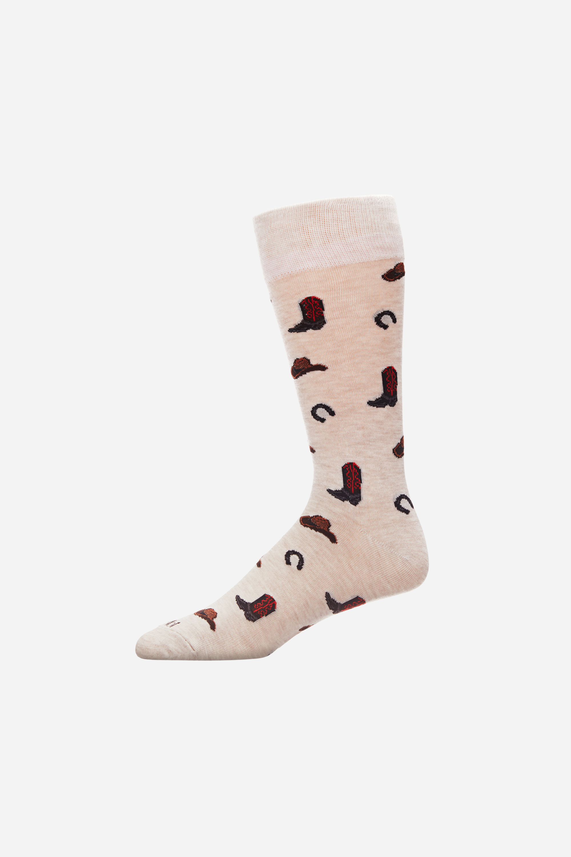 Beige sock with brown animal print on a white background - Cowboy socks, Rodeo socks, Western novelty socks, Men’s crew socks, Bamboo socks for men, Cowboy boot socks, Horseshoe pattern socks, Ivory crew socks, Breathable bamboo socks, Western accessories for men