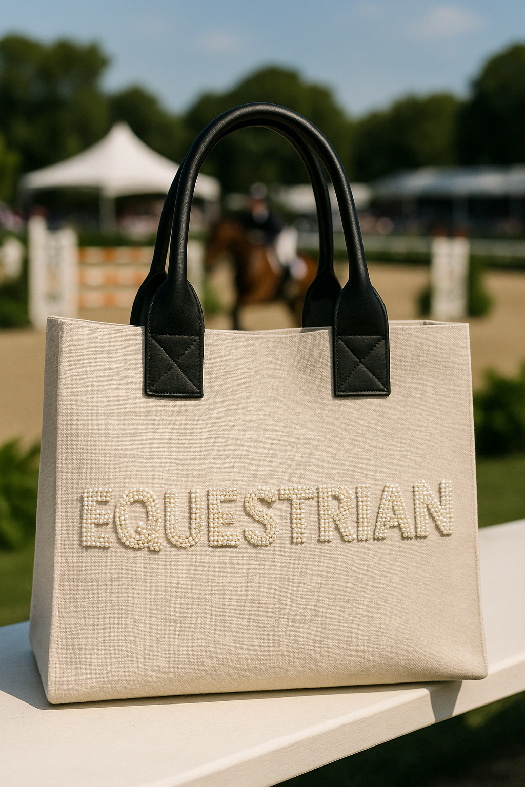 Woman in equestrian attire holding a 'Equestrian' bag with a horse in the background
