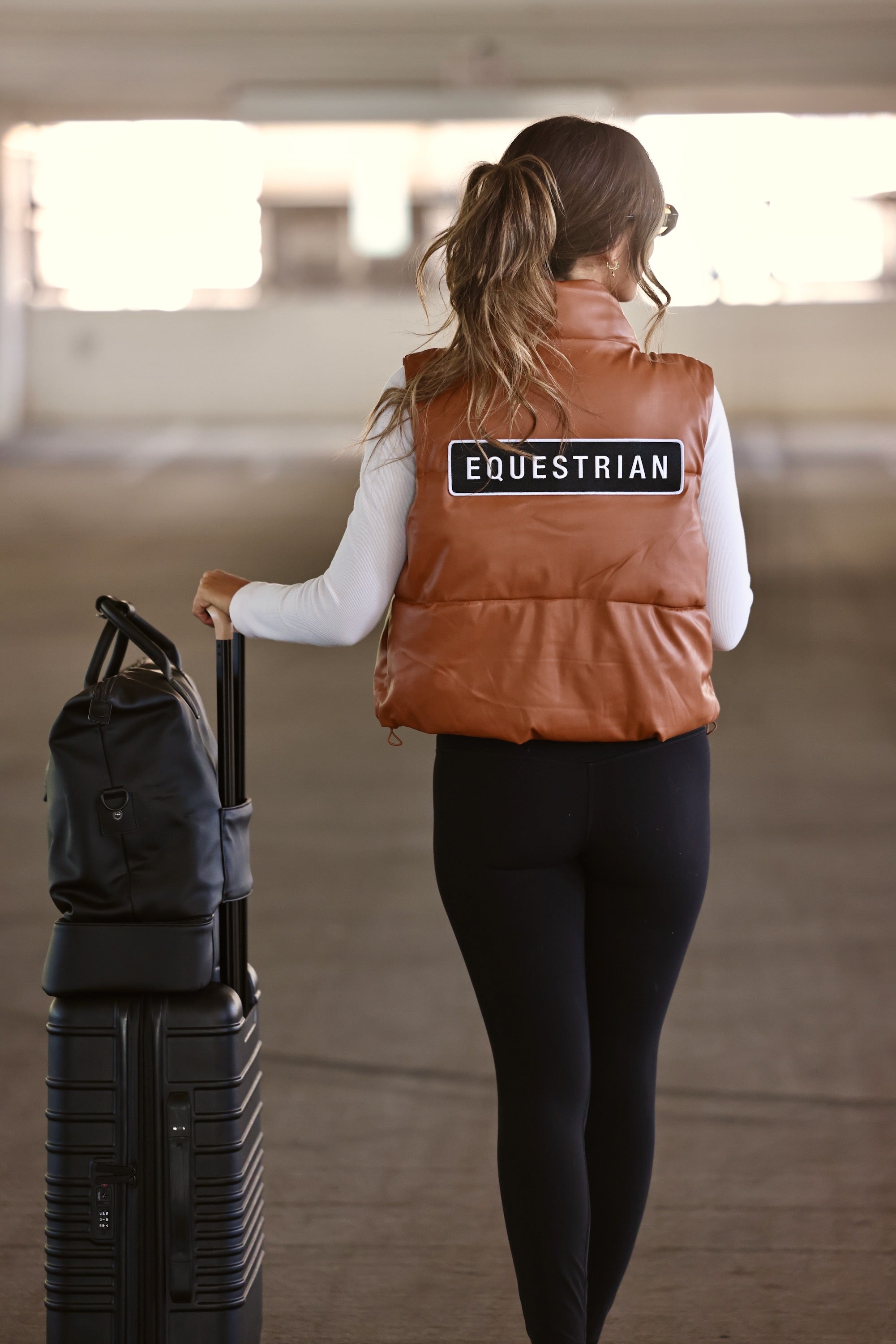 fashion district stylish equestrian puffer vest cognac