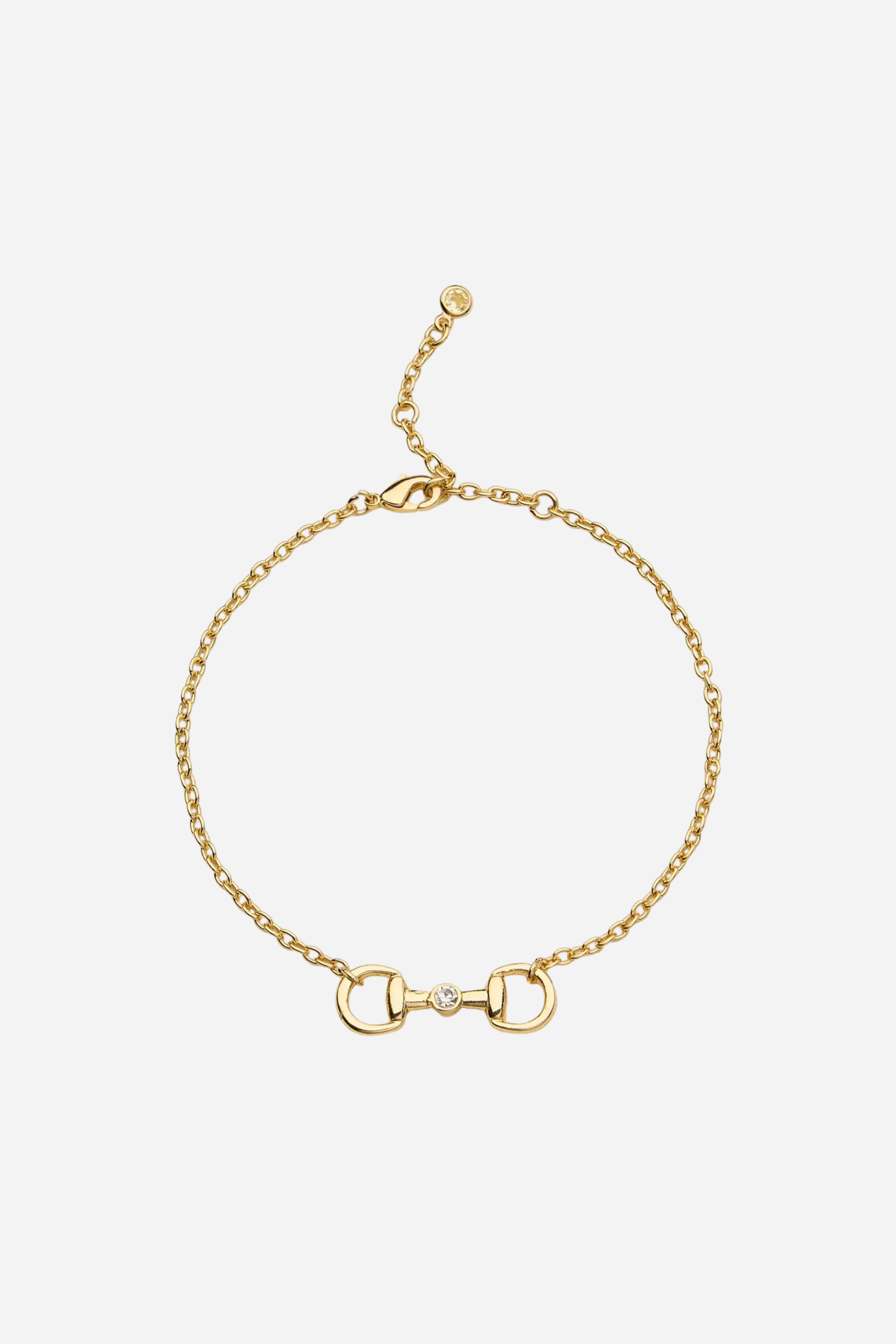 Gold bracelet with a horsebit clasp on a white background - equestrian inspired jewelry, horse girl accessory, horseshoe pendant necklace, dainty equestrian jewelry, small gifts for horse lovers