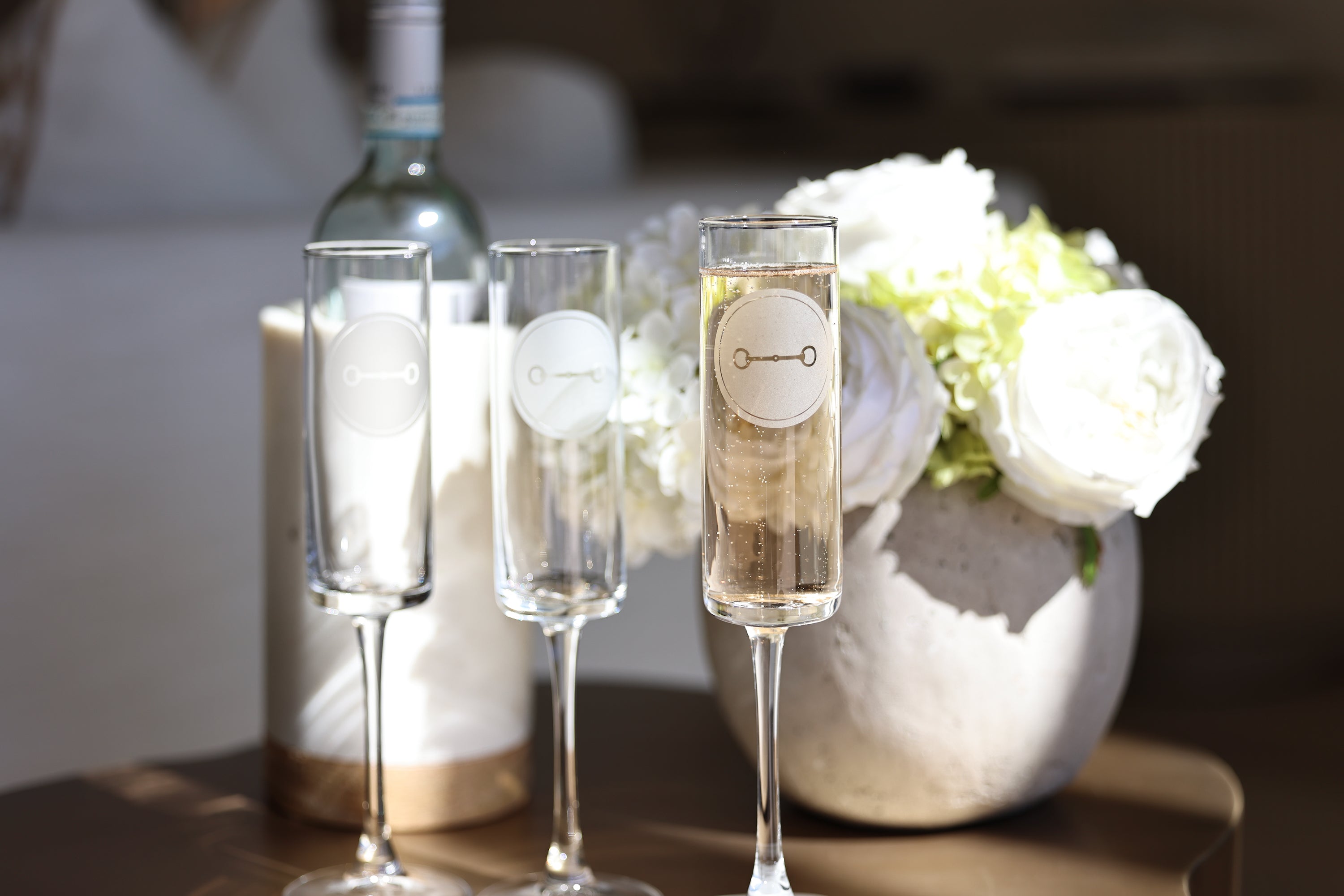 everything etched stylish equestrian signature champagne glass set