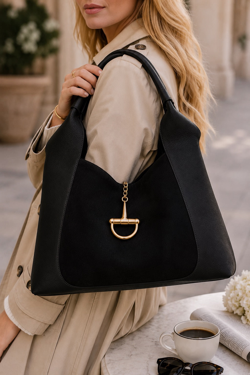 Sloane Large Suede Leather Saddle Bag - Black