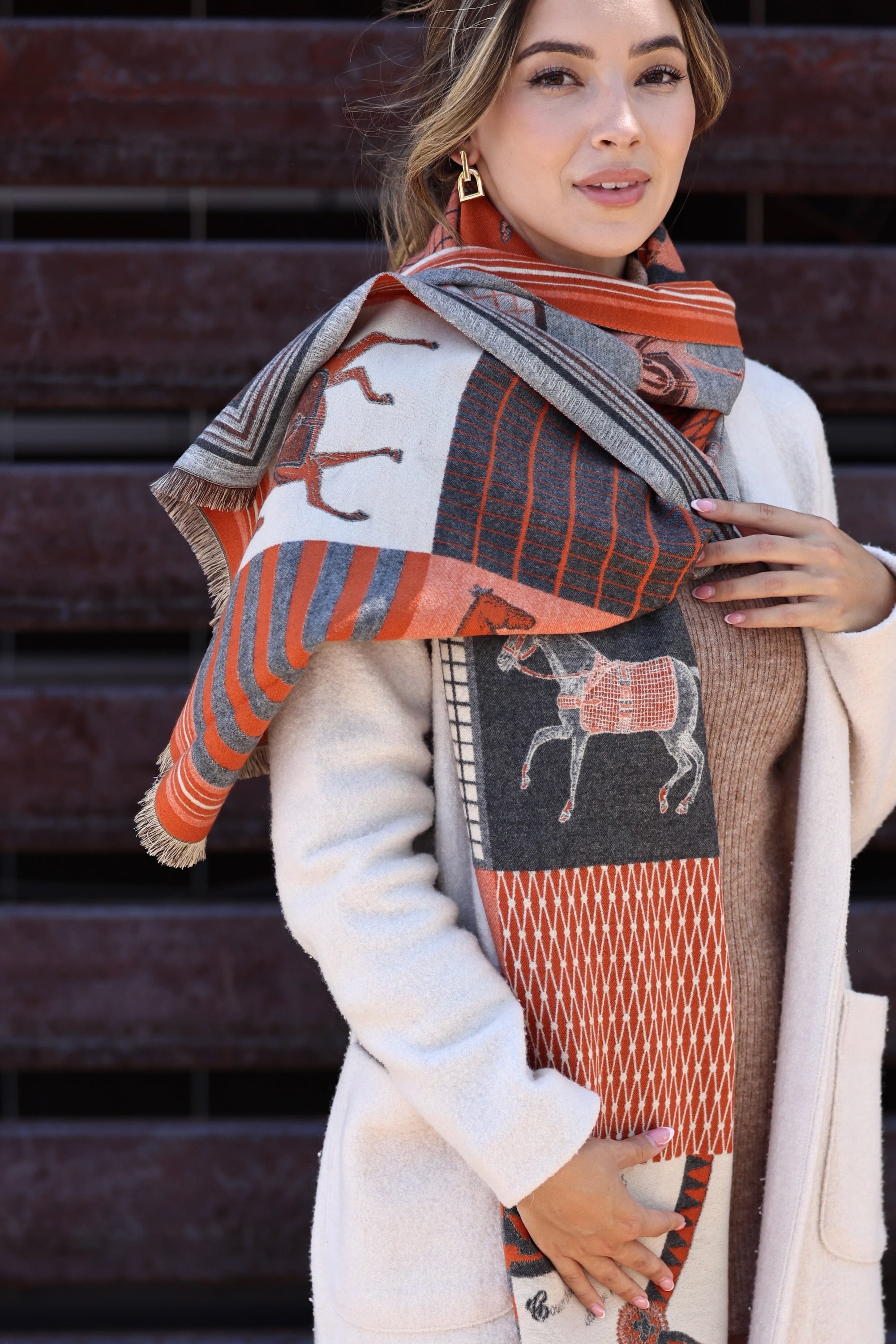 stylish equestrian stella horse pashmina scarf rust