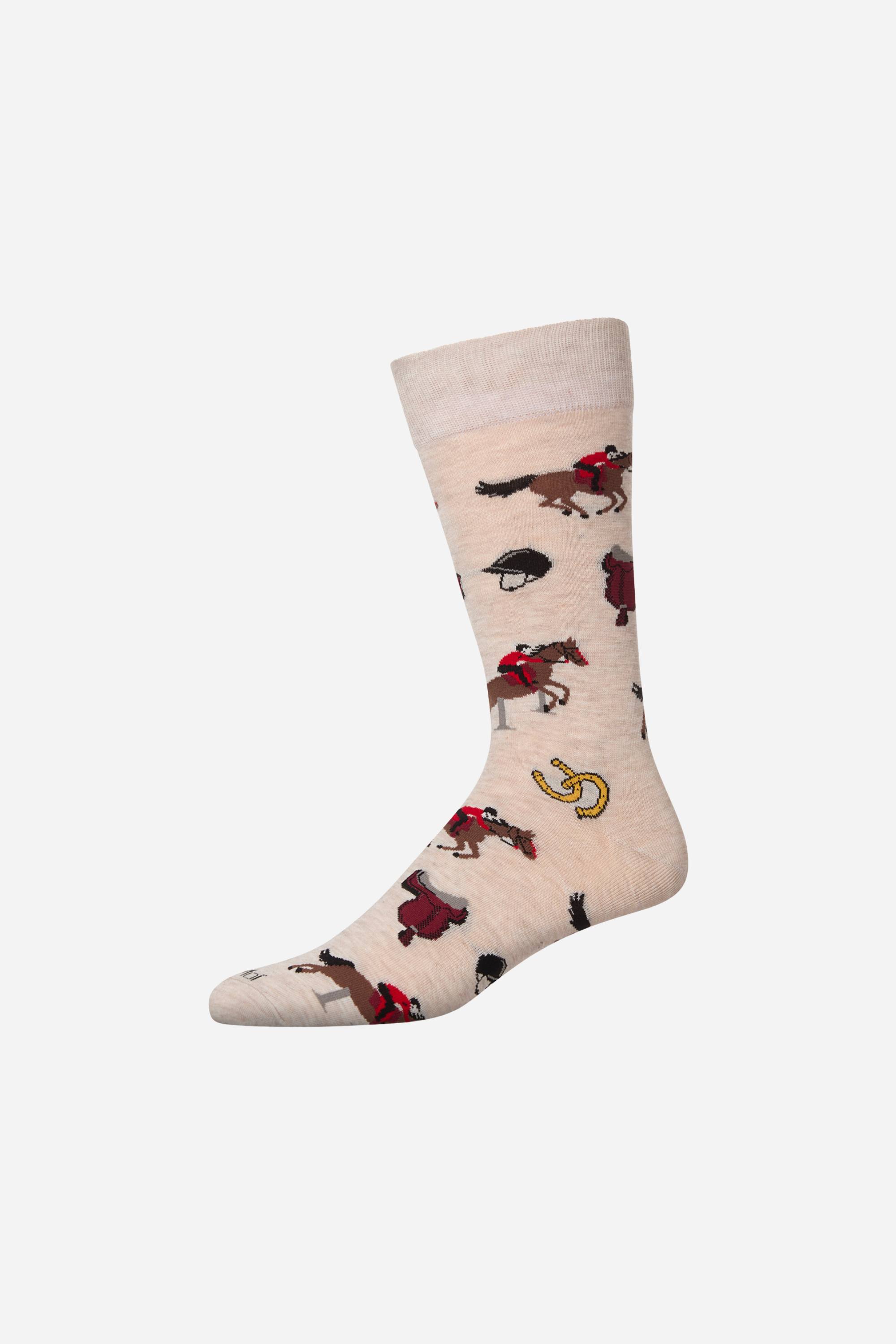 Beige sock with horse and jockey pattern on a white background - Equestrian socks, Horse riding socks, Women’s crew socks, Bamboo socks for women, Riding arena inspired socks, Novelty horse socks, Ivory heather crew socks, Breathable bamboo socks, Reinforced heel and toe socks, Stylish equestrian accessories