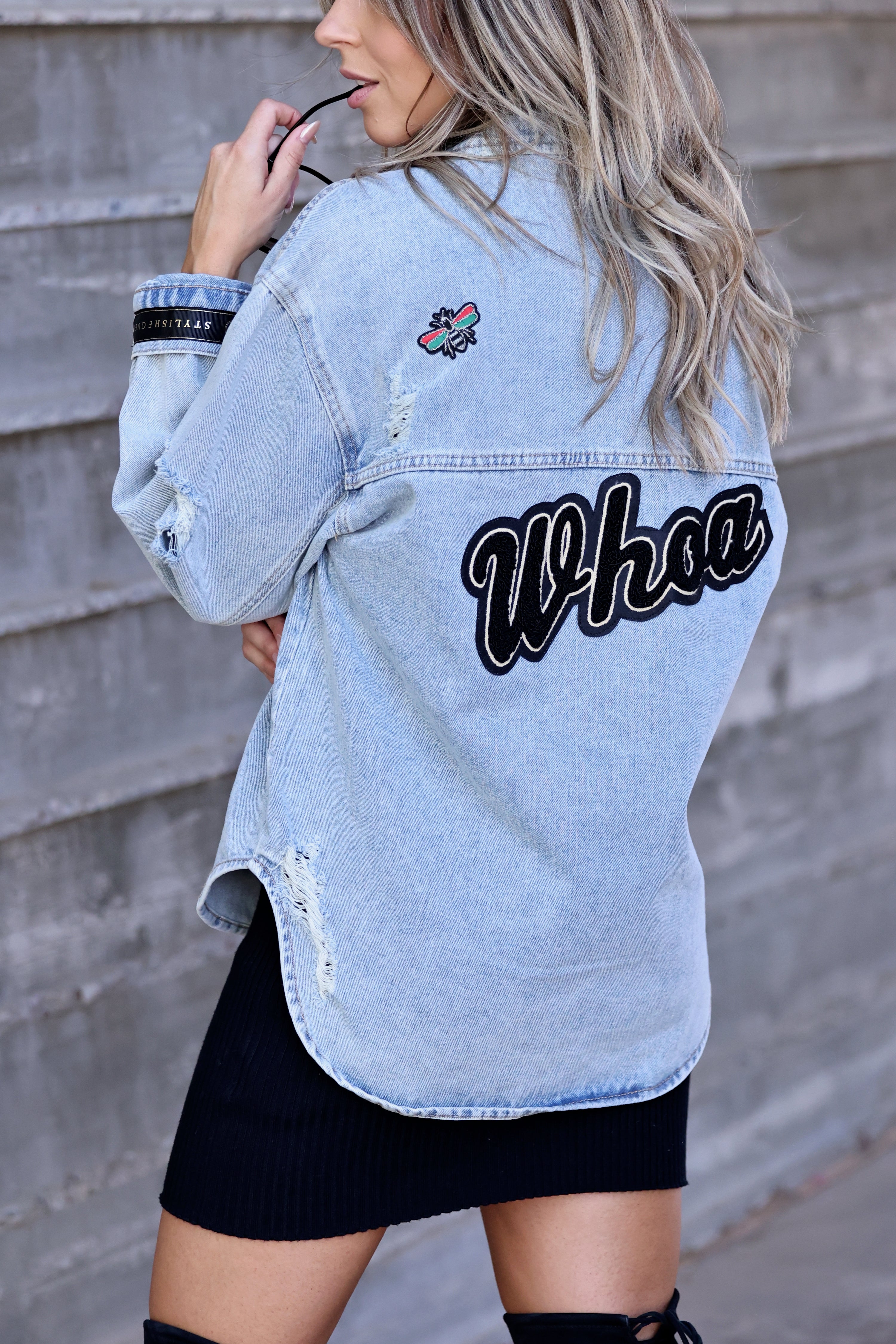 stylish equestrian whoa chenille patch denim shacket