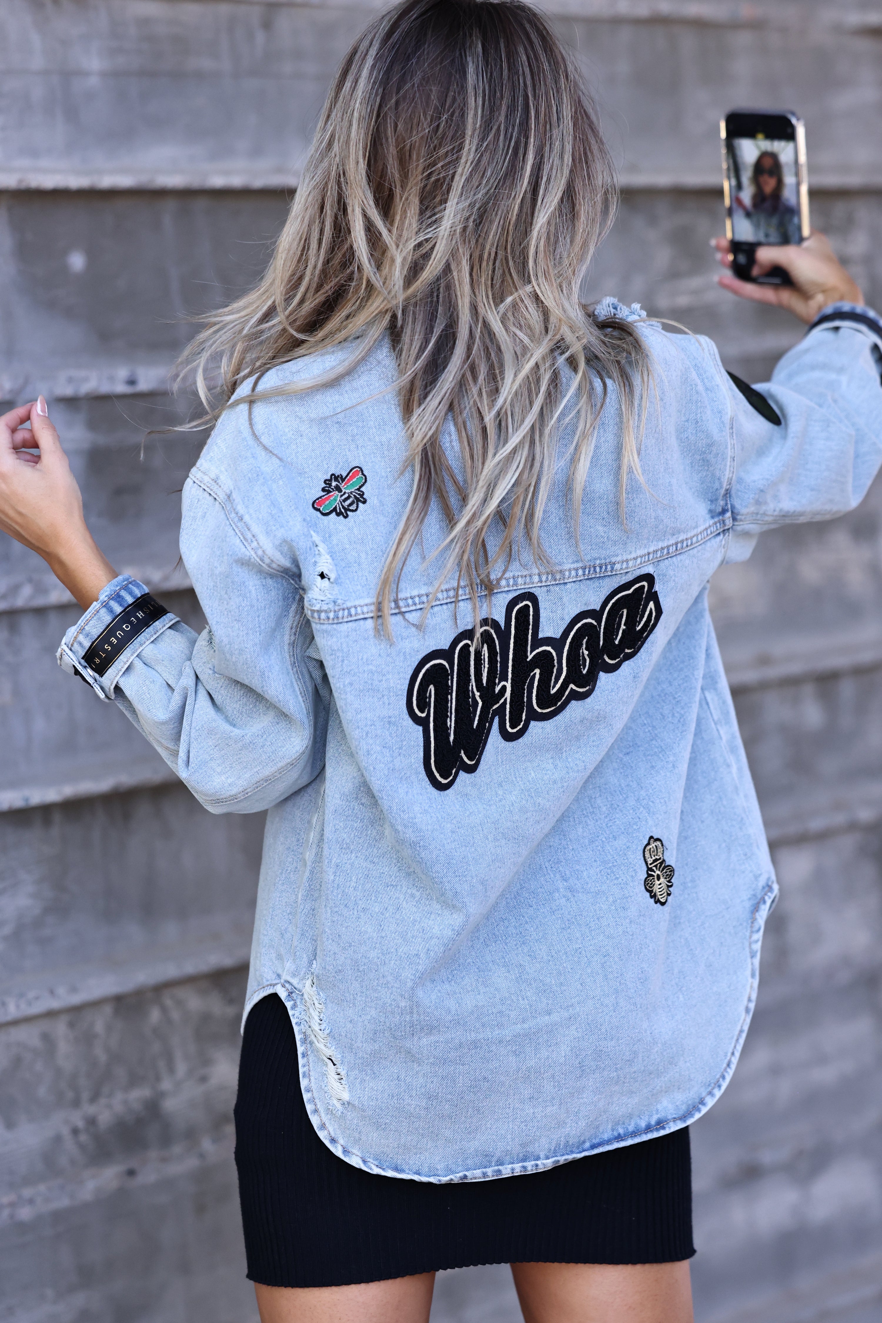 stylish equestrian whoa chenille patch denim shacket