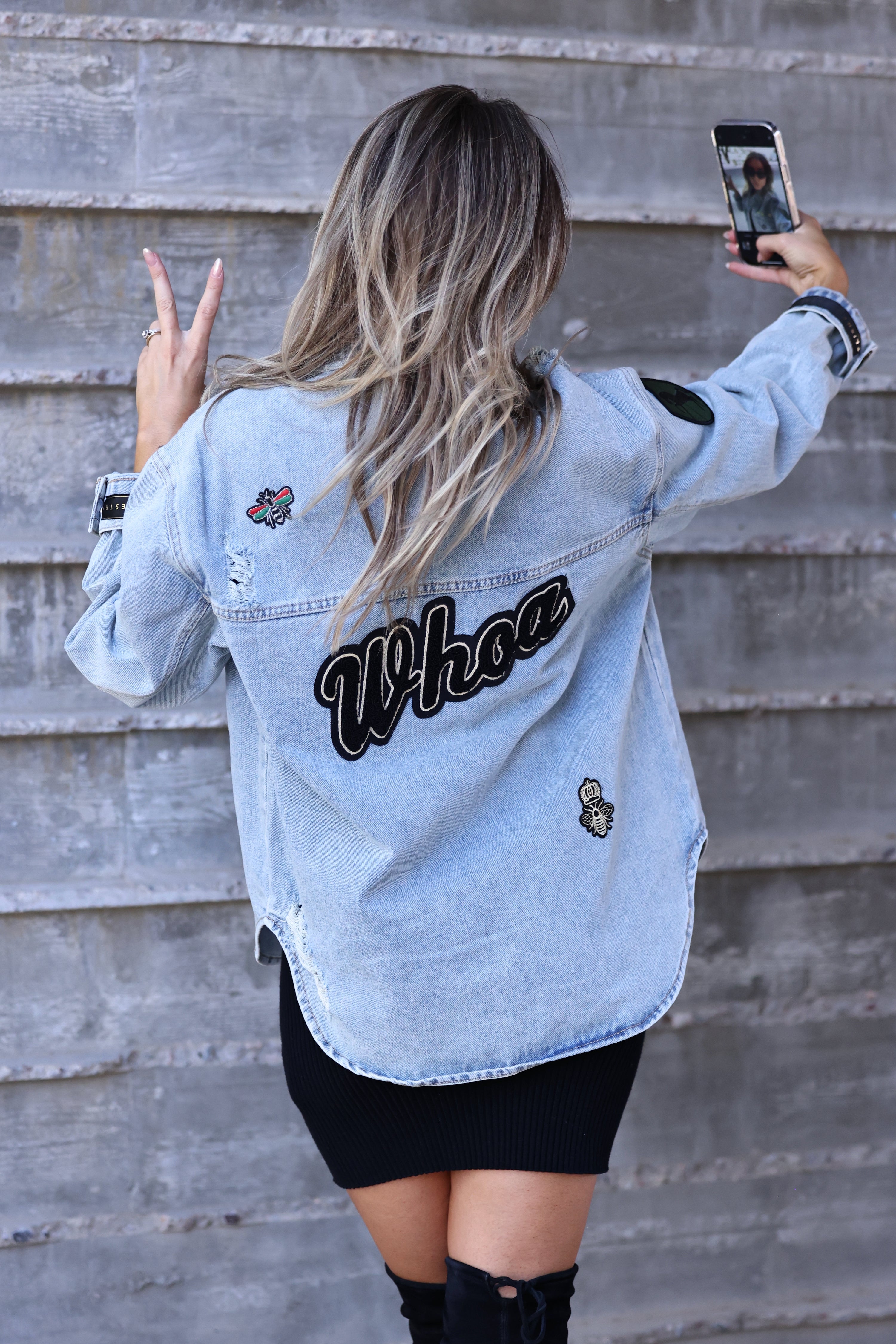 stylish equestrian whoa chenille patch denim shacket