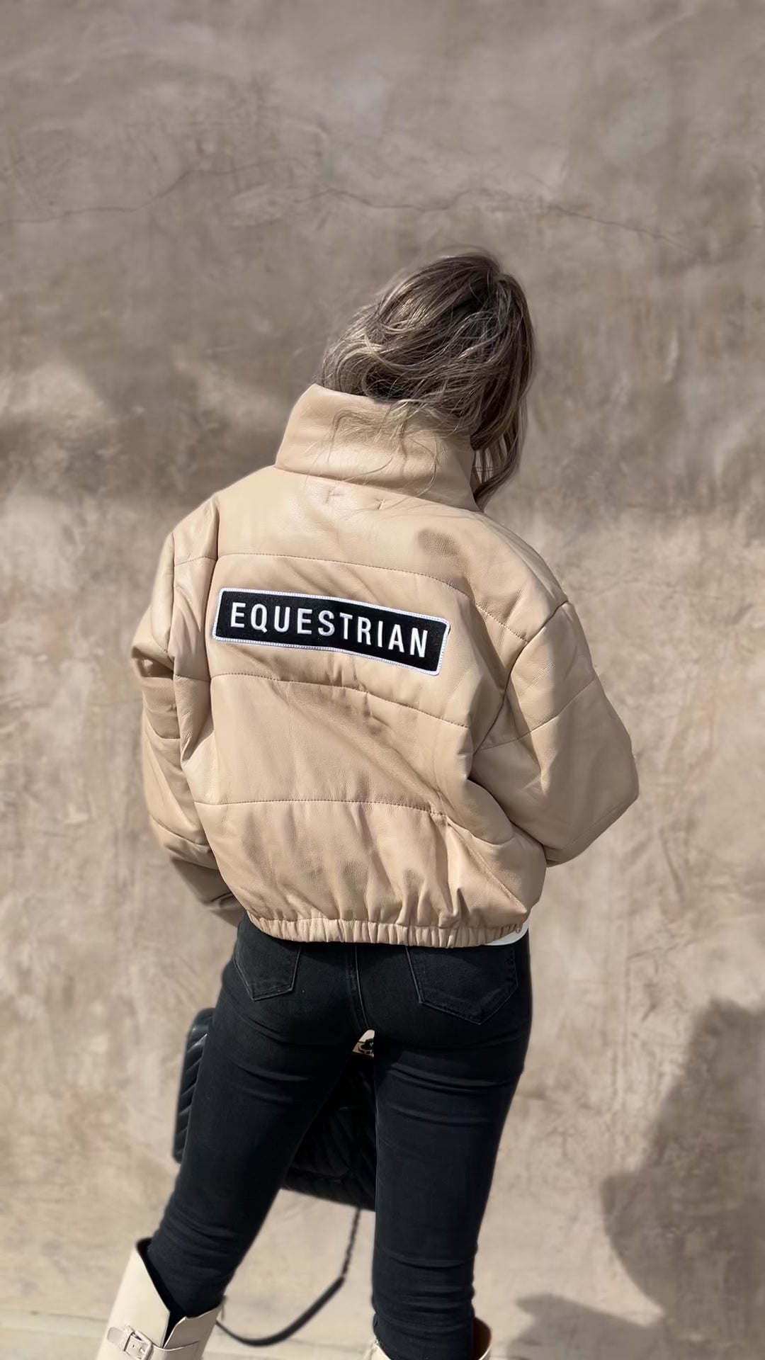 stylish equestrian vegan leather puffer jacket equestrian patch