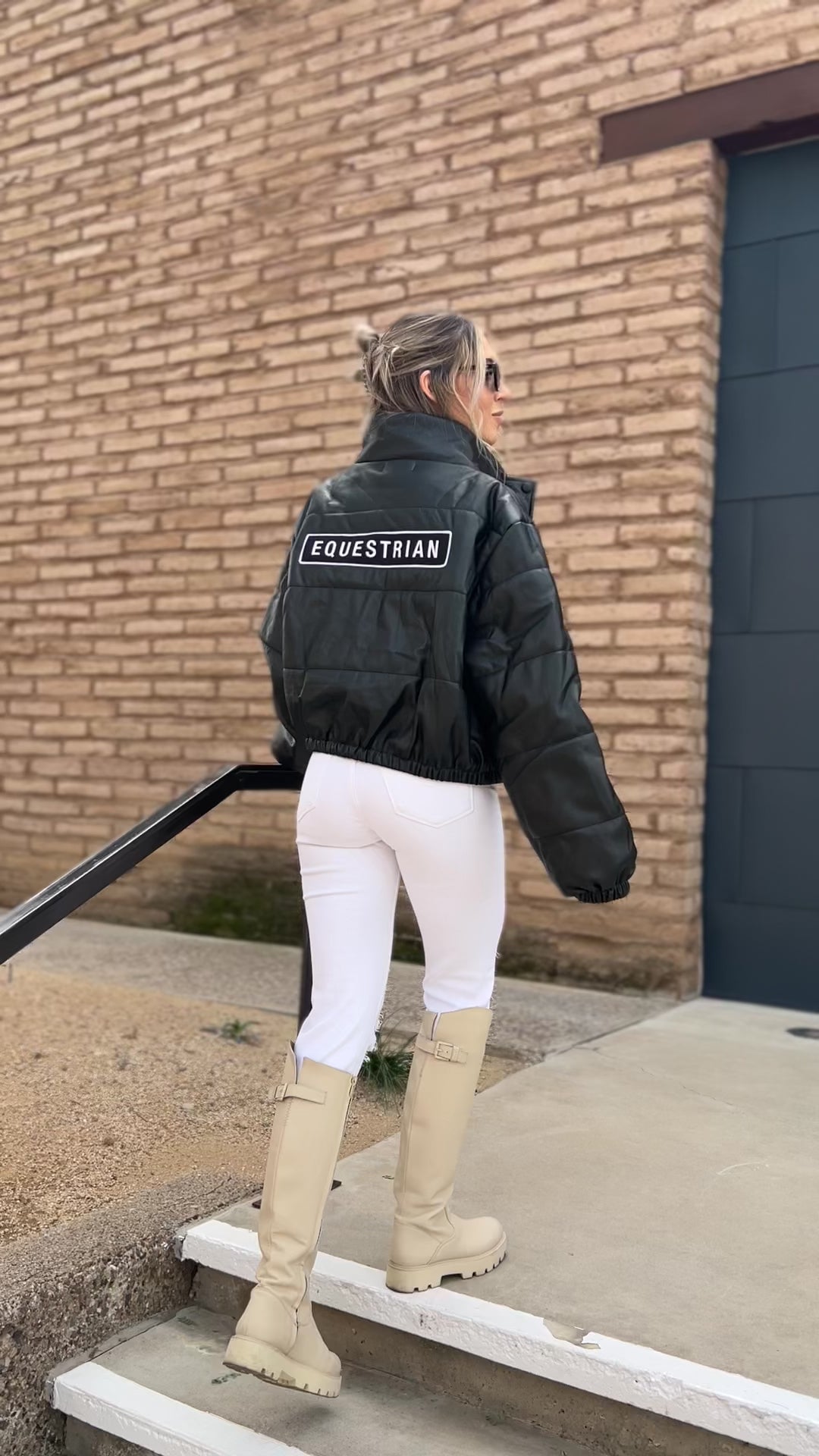 stylish equestrian vegan leather puffer jacket equestrian patch