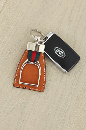 Black leather Stylish Equestrian Em Stirrup Key Ring with red and green stripe