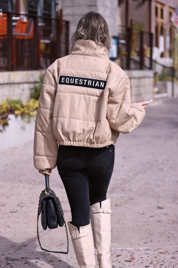 stylish equestrian vegan leather puffer jacket equestrian patch