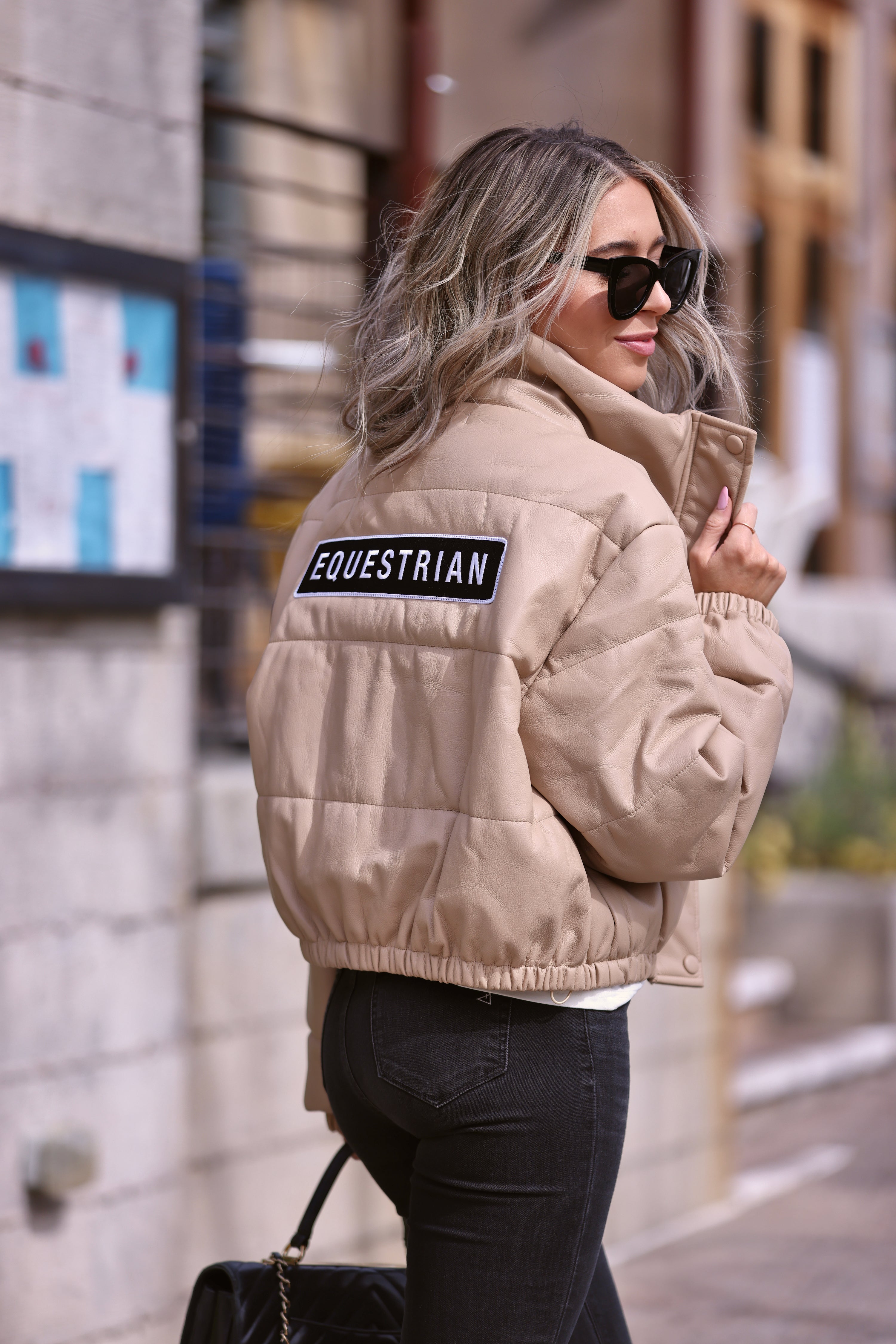 stylish equestrian vegan leather puffer jacket equestrian patch