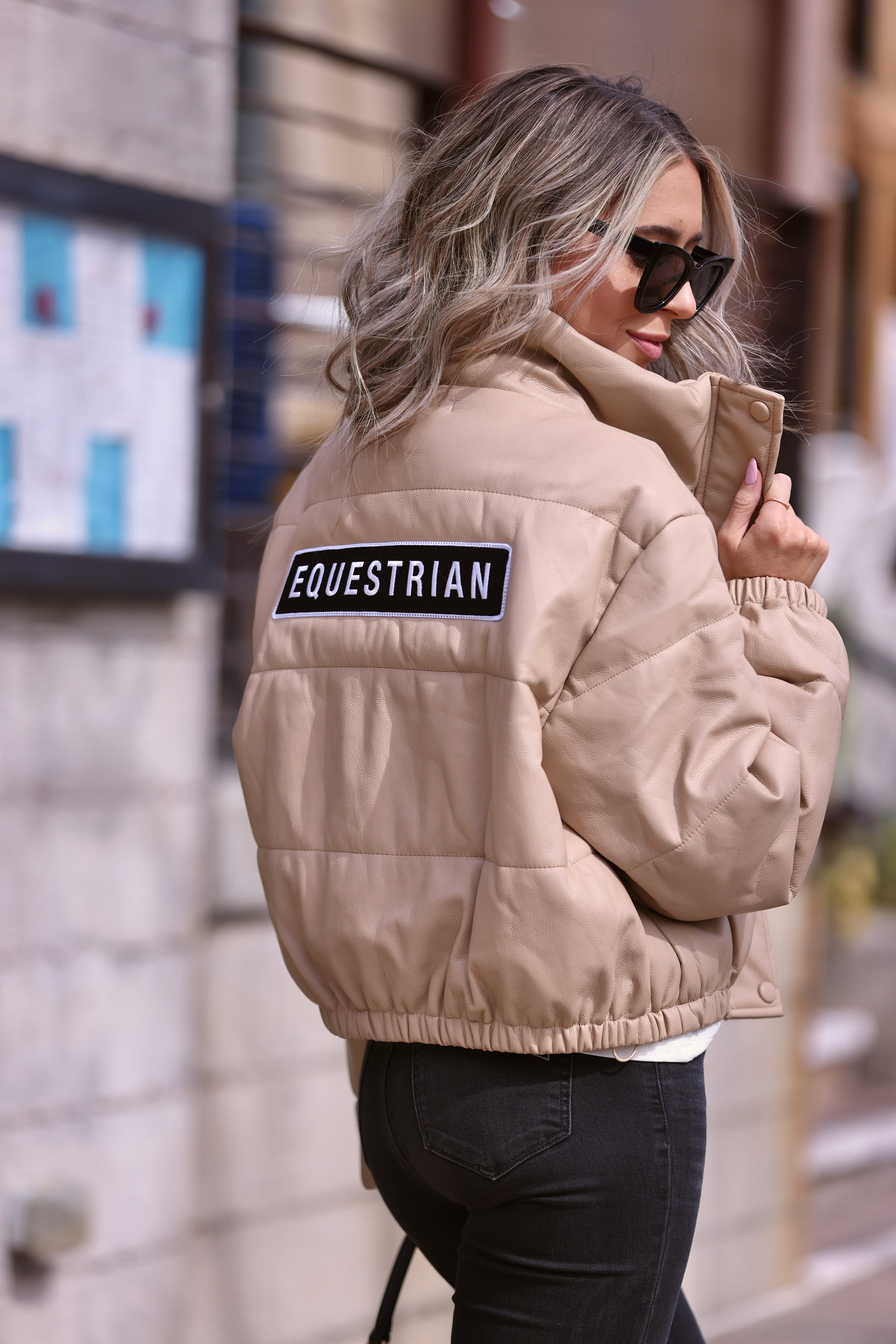 stylish equestrian vegan leather puffer jacket equestrian patch