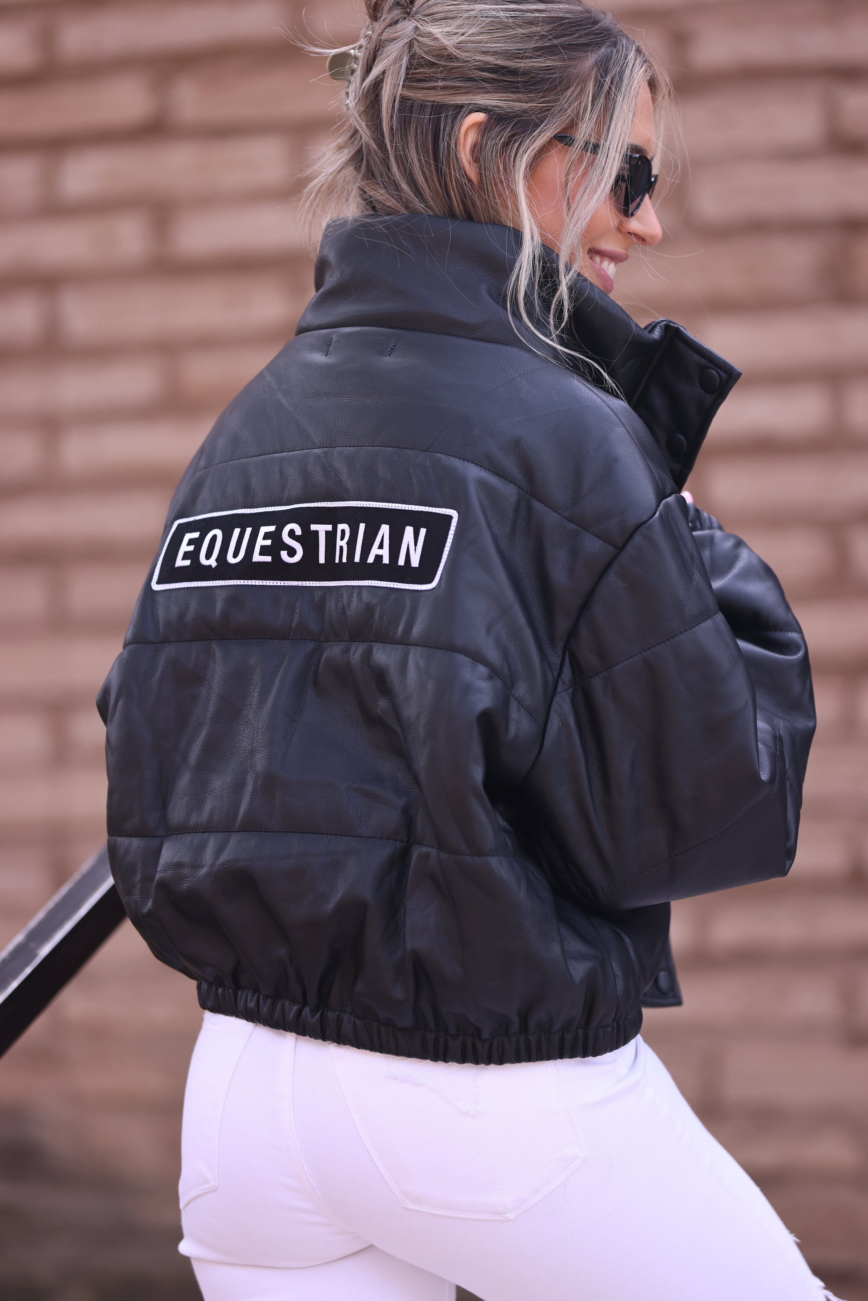 stylish equestrian vegan leather puffer jacket equestrian patch