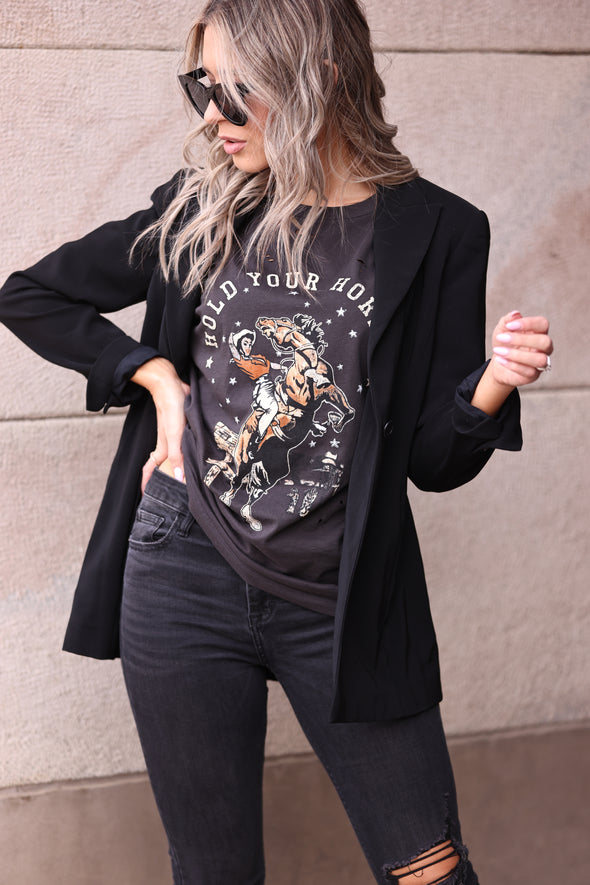 stylish equestrian hold your horses distressed oversized tee black