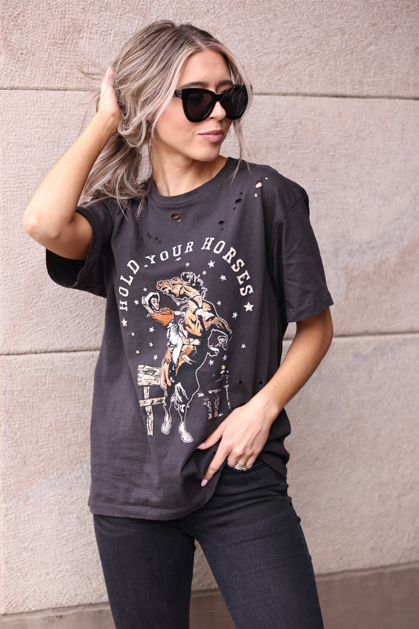 stylish equestrian hold your horses distressed oversized tee black