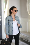 stylish equestrian denim jacket with black and white equestrian patch