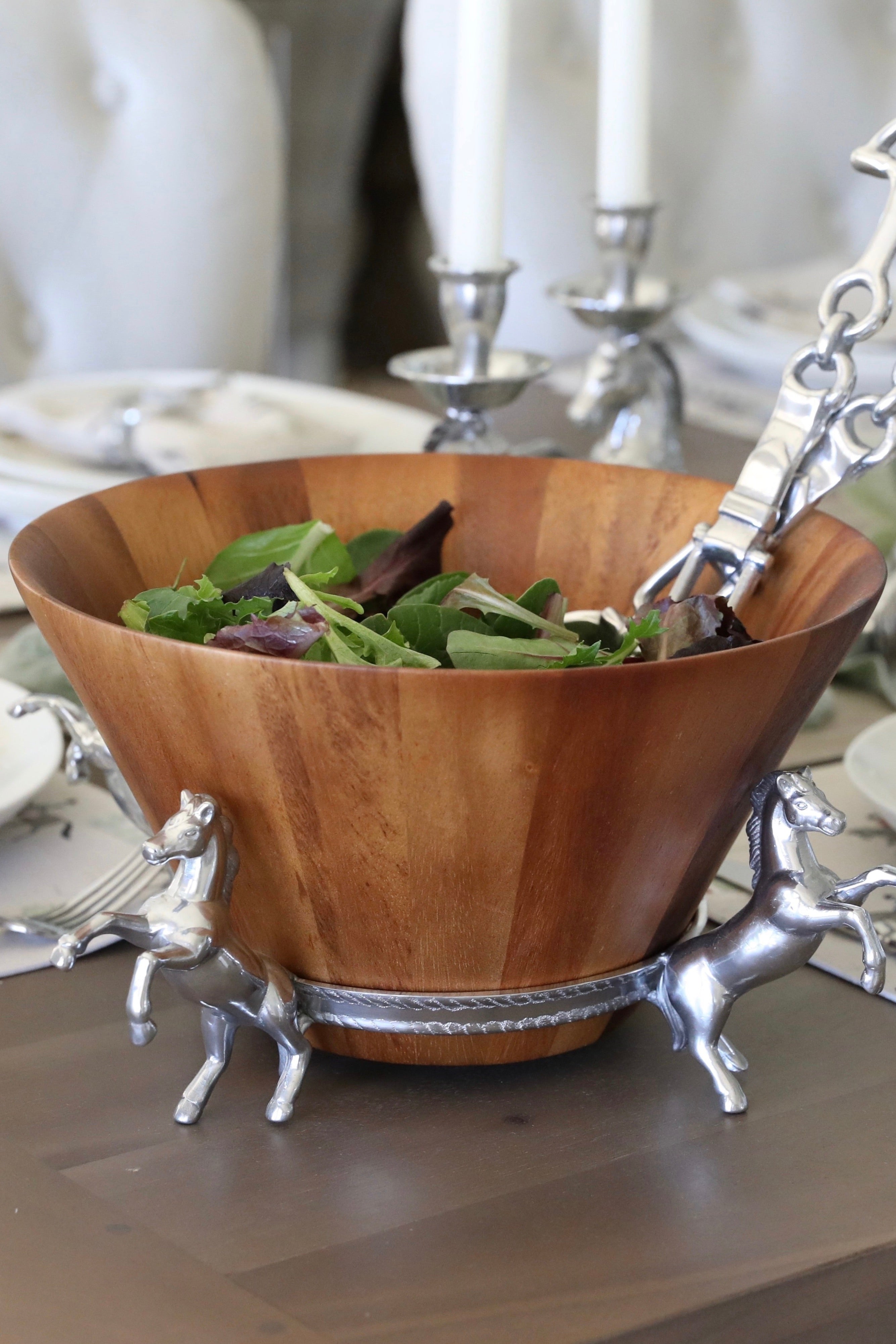 arthur court stylish equestrian four in hand wooden salad bowl