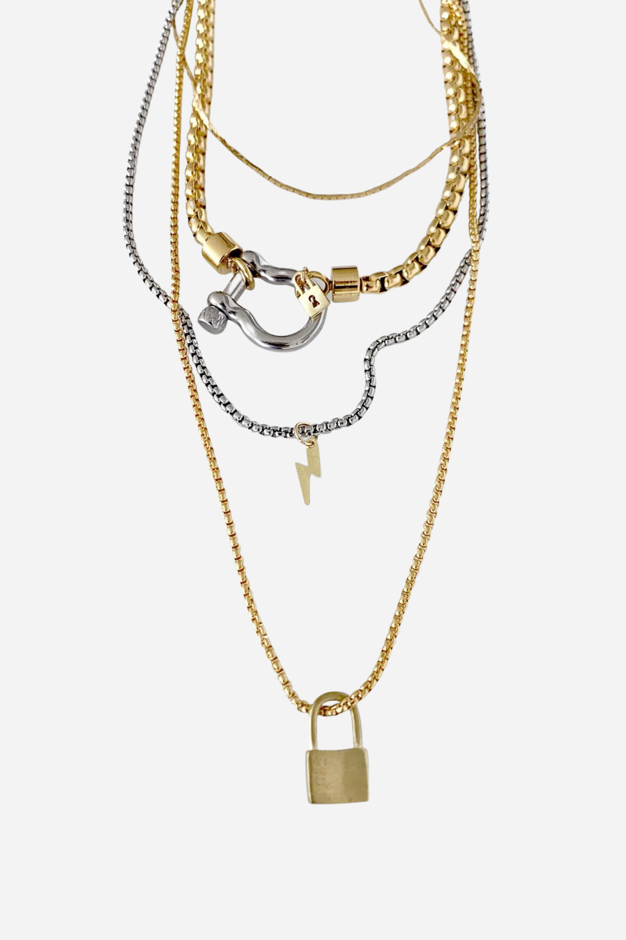 artizan jewelry stylish equestrian herradura lock layered horseshoe lock and lightening bolt layered necklace set