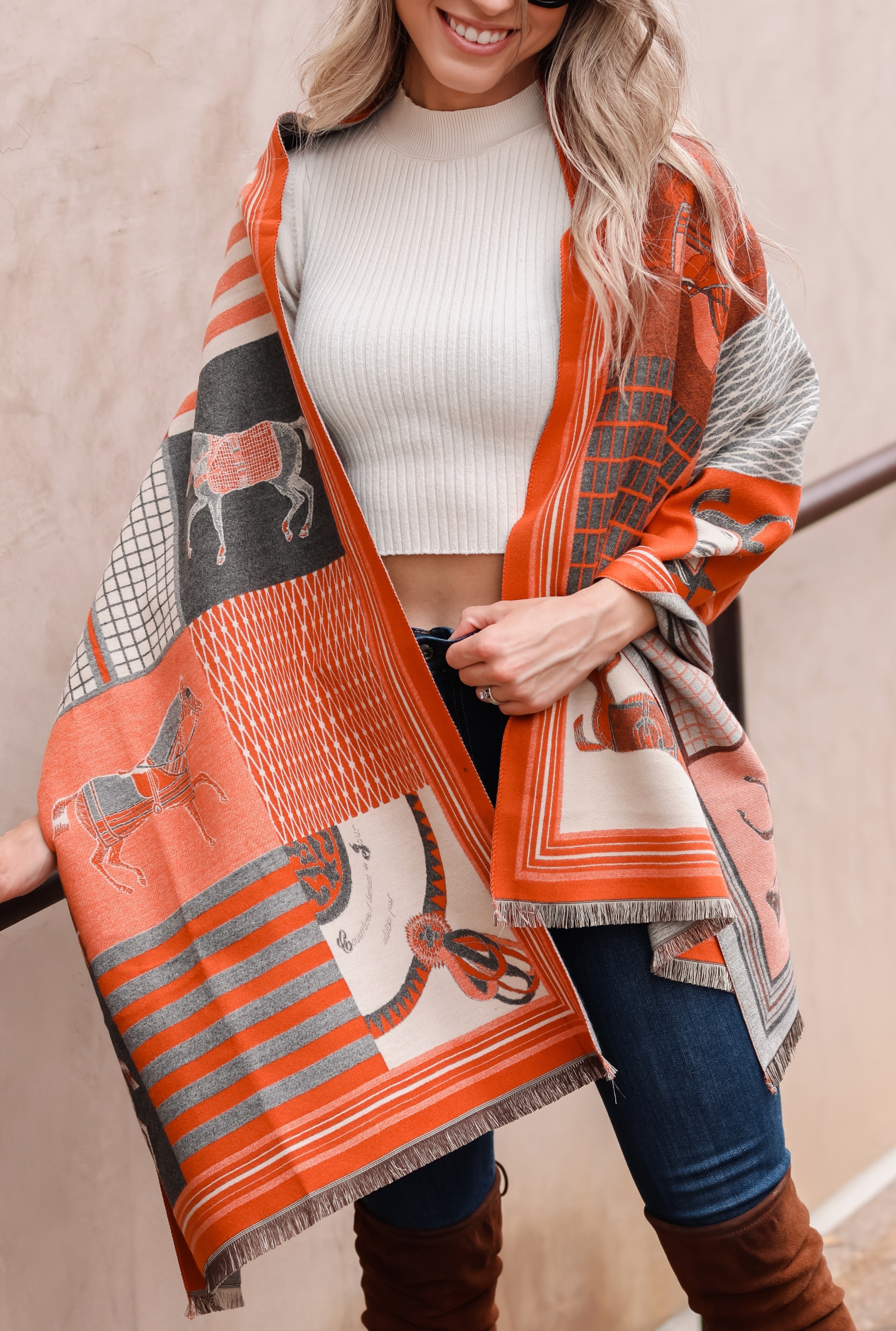 stylish equestrian stella horse pashmina scarf rust