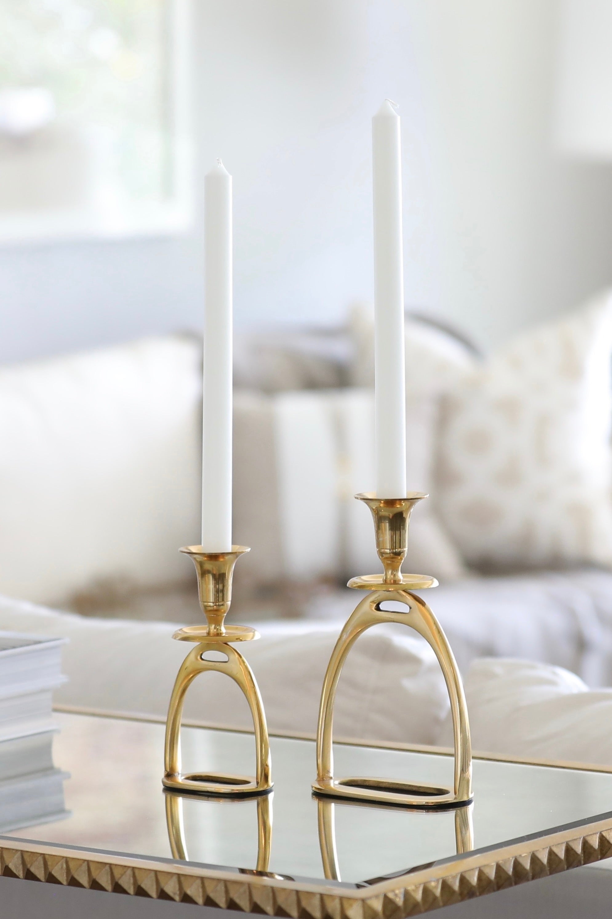 thg stylish equestrian brass stirrup candle stick holder set